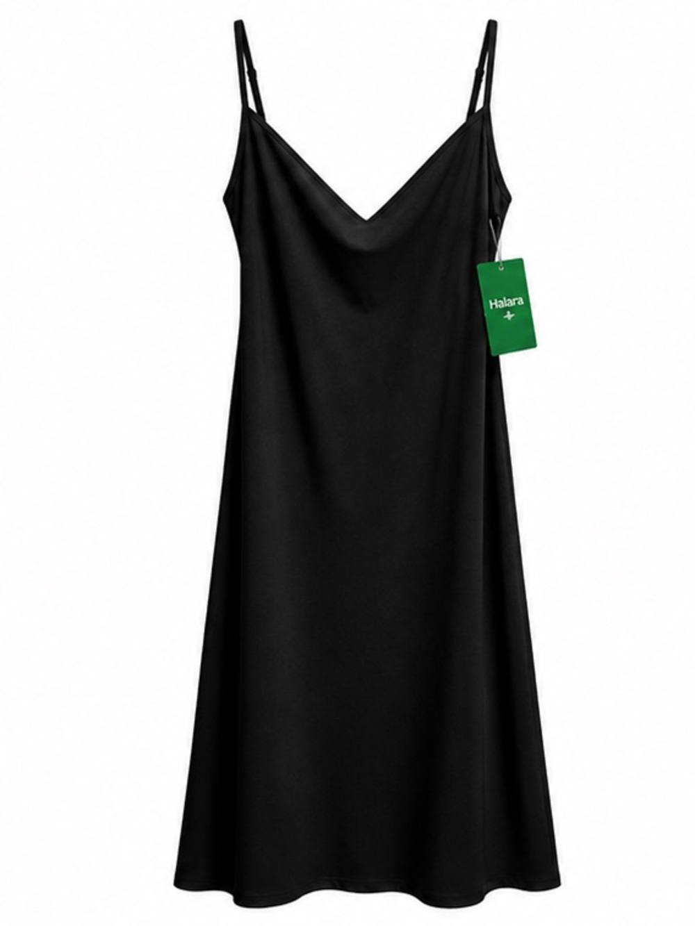HALARA Black Slip Midi Dress with V-Neck